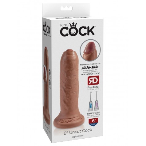 Кофейный необрезанный фаллоимитатор на присоске 6" Uncut Cock - 16,5 см.