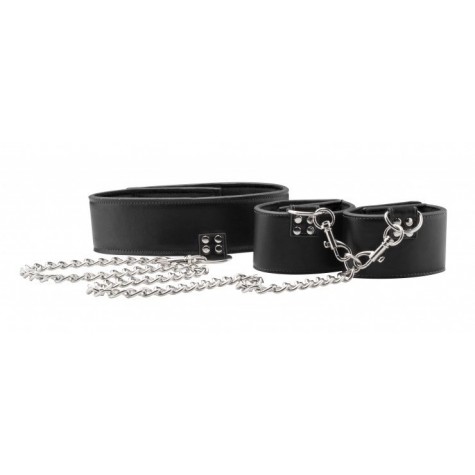 Чёрный двусторонний ошейник с наручниками Reversible Collar and Wrist Cuffs